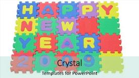  Presentation with happy new year - PPT theme featuring evac - colorful alphabet puzzle blocks assembled background and a seafoam green colored foreground