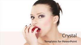  Presentation with beautiful young woman getting face - Slides with man sawing a tree in the garden on a sunny day background and a gray colored foreground