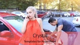  Presentation with phone - PPT layouts having evacuation - woman talking by phone while background and a coral colored foreground