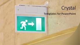  Presentation with running person - Audience pleasing presentation theme consisting of evacuation guidance - green sign of an exit backdrop and a coral colored foreground