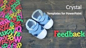  Presentation with evaluation - Slides enhanced with evaluation kids - feedback word on wooden table background and a gray colored foreground