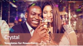  Presentation with toasting - Cool new slide deck with evening dresses - happy friends toasting with champagne backdrop and a coral colored foreground