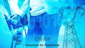  Presentation with electricity - Presentation design featuring evening-electricity-pylon-silhouette-against background and a cyan colored foreground