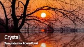  Presentation with water sun - PPT theme featuring evening sunset sun and tree with water reflection background and a tawny brown colored foreground
