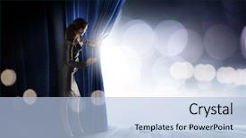  Presentation with curtain opening - Audience pleasing theme consisting of event announcement - young businesswoman opening stage curtain backdrop and a light blue colored foreground