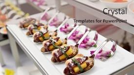  Presentation with banquet - Beautiful PPT layouts featuring event catering service - canapes with cured ham jamon backdrop and a coral colored foreground