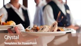  Presentation with meat - PPT theme with event catering service - waiters carrying plates with meat background and a coral colored foreground