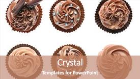  Presentation with set of sauces in white - Presentation design enhanced with event collage - set of tasty chocolate cupcakes background and a coral colored foreground