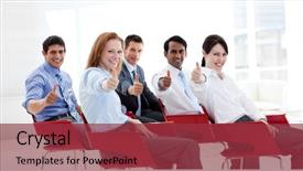  Presentation with double exposure of business people - Colorful PPT layouts enhanced with staff meeting teachers - business people with thumbs up backdrop and a red colored foreground