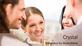  Presentation with flute - Slide deck with photo of happy woman holding flute with champagne and smiling at her colleagues during party background and a lemonade colored foreground