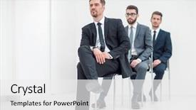  Presentation with waiting - Presentation theme having event development - group of serious business people background and a white colored foreground
