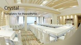  Presentation with conference - Slide deck featuring event management - empty business conference room interior background and a mint green colored foreground