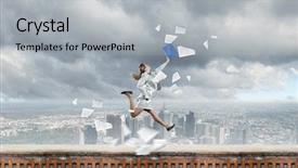  Presentation with kids jumping and lifting hand - Presentation theme enhanced with event portfolio - young happy businesswoman with folder background and a  colored foreground