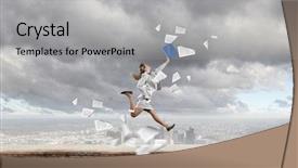  Presentation with kids jumping and lifting hand - Presentation theme enhanced with event portfolio - young happy businesswoman with folder background and a  colored foreground