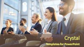  Presentation with corporate - Slide deck with events - contemporary business people clapping their background and a tawny brown colored foreground