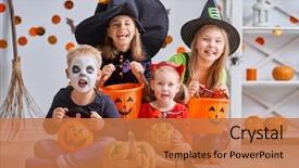  Presentation with halloween candy - Audience pleasing slide set consisting of events - happy brother and three sisters backdrop and a coral colored foreground