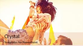  Presentation with music festival classic film - PPT theme consisting of events - happy hipster woman crowd surfing background and a coral colored foreground