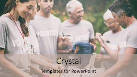  Presentation with volunteer - Theme enhanced with events - happy volunteer looking at donation background and a mint green colored foreground