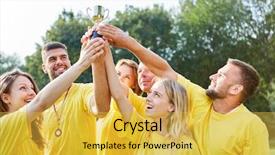  Presentation with teambuilding - Slides having events - happy winners team proudly holds background and a yellow colored foreground
