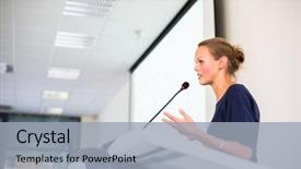  Presentation with giving - Audience pleasing slide deck consisting of events - pretty young business woman giving backdrop and a light gray colored foreground