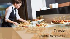  Presentation with waitress - PPT layouts featuring events - restaurant waitress serving table background and a coral colored foreground