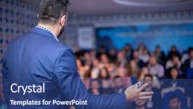  Presentation with conference - PPT theme featuring events - young businessman at business conference background and a ocean colored foreground