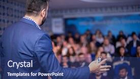  Presentation with conference - Beautiful presentation theme featuring events - young businessman at business conference backdrop and a ocean colored foreground