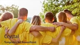  Presentation with team building - Cool new slides with events - young strong team hugs each backdrop and a gold colored foreground