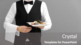  Presentation with waiter - PPT theme enhanced with events order - waiter holding plate with fish background and a gray colored foreground