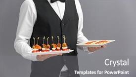  Presentation with appetizers - Cool new presentation theme with events order - waiter holding plates with appetizers backdrop and a  colored foreground