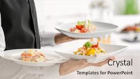  Presentation with waiter - Beautiful slides featuring events order - waiter holding plates with dishes backdrop and a lemonade colored foreground