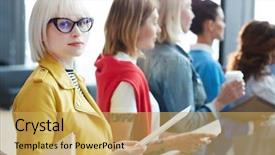  Presentation with paper line - Audience pleasing slides consisting of events registration - serious confident attractive young woman backdrop and a yellow colored foreground