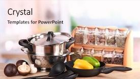  Presentation with kitchen - Slide set featuring everyday use - composition of kitchen tools spices background and a sky blue colored foreground