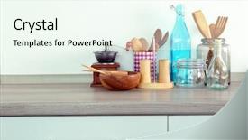  Presentation with kitchen utensils - Theme consisting of everyday use - composition with different utensils background and a cool aqua colored foreground