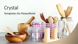  Presentation with kitchen utensils - Audience pleasing PPT layouts consisting of everyday use - composition with different utensils backdrop and a cool aqua colored foreground