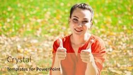  Presentation with everything - Presentation theme consisting of everything is fine a young beautiful woman approves autumn park outdoors background and a yellow colored foreground