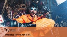  Presentation with horror evil - PPT theme having evil clown man stained background and a gold colored foreground