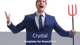  Presentation with devil - Presentation theme enhanced with evil devil businessman with pitchfork isolated on white backgrou background and a navy blue colored foreground