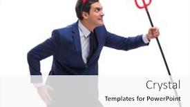  Presentation with devil - Colorful presentation design enhanced with evil devil businessman with pitchfork isolated on white backgrou backdrop and a white colored foreground