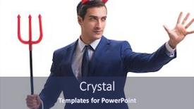  Presentation with devil - Amazing slide set having evil devil businessman with pitchfork isolated on white backgrou backdrop and a ocean colored foreground