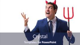  Presentation with evil - Cool new slide set with evil devil businessman with pitchfork isolated on white backgrou backdrop and a navy blue colored foreground