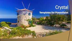  Presentation with old windmill - Presentation design having evolution architecture - old windmill on zakynthos island background and a royal blue colored foreground