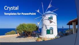 Presentation with old windmill - Colorful PPT theme enhanced with evolution architecture - old windmill on zakynthos island backdrop and a royal blue colored foreground