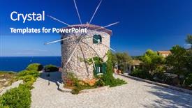  Presentation with old windmill - Audience pleasing slide deck consisting of evolution architecture - old windmill on zakynthos island backdrop and a ocean colored foreground