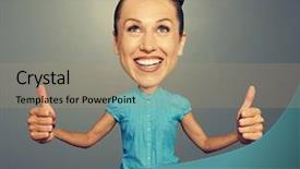  Presentation with weight loss woman showing - Amazing presentation design having exaggerating - funny bighead woman showing thumbs backdrop and a coral colored foreground