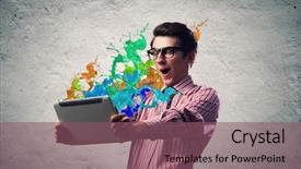  Presentation with tablet - Slide set with exaggerating - young man looking shocked background and a  colored foreground