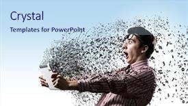  Presentation with tablet - PPT layouts having exaggerating - young man looking shocked background and a sky blue colored foreground