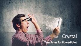  Presentation with tablet - PPT layouts having exaggerating - young man looking shocked background and a  colored foreground