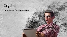  Presentation with tablet - PPT theme enhanced with exaggerating - young man looking shocked background and a  colored foreground
