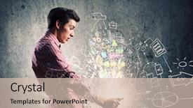  Presentation with tablet - Slide set enhanced with exaggerating - young man looking shocked background and a  colored foreground